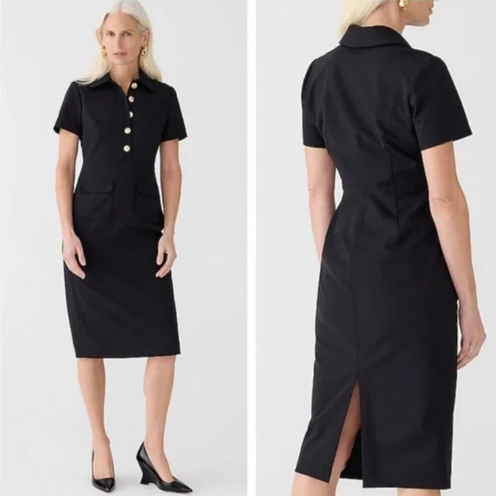 J.Crew Black Bi-Stretch Wool Sheath Dress with Gold Buttons – Size 0 $298